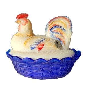 Fenton Hand Painted Rooster / Hen On Nest Vintage Patriotic Toile EXTREMELY RARE